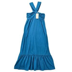 Grace Karin Blue Dress Ruffled Long Maxi Stretch Halter V-Neck NEW Womens Size S